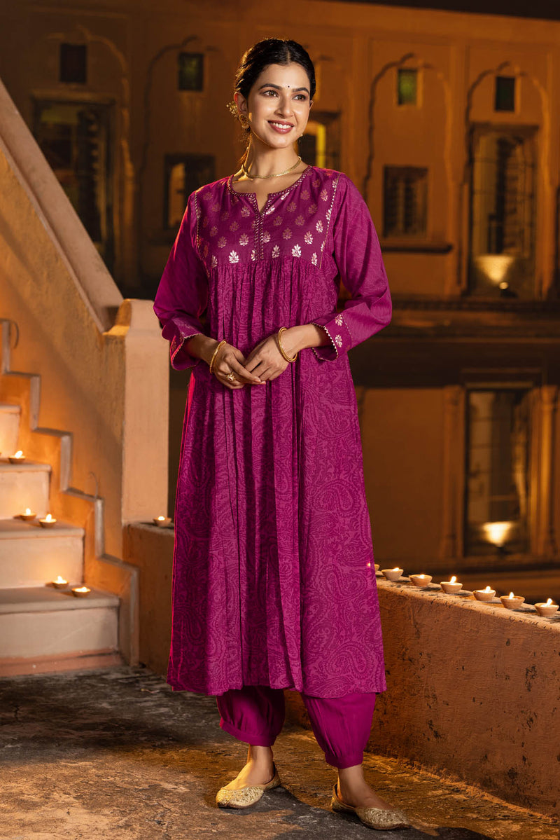 Leheriya Printed Georgette Abaya Style Suit in Neon Pink : KJN3824